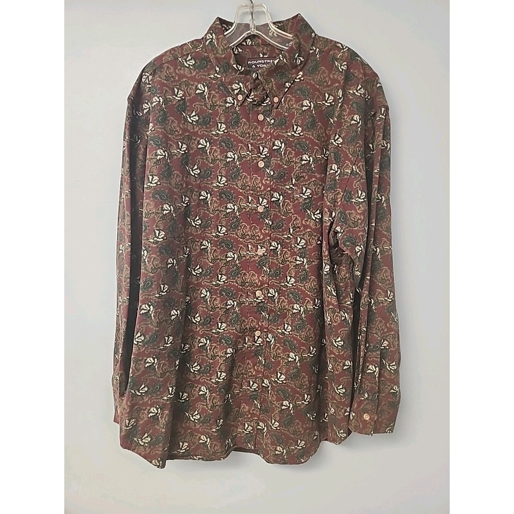 Roundtree &Yorke Button Front Shirt Men's XL‎ Burgundy Paisley With Birds